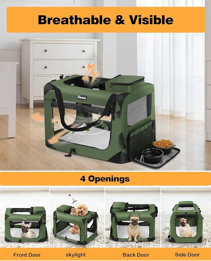 Extra Large Dog Crate with 2 Foldable Bowl, 36 Inch Collapsible Travel Dog Crate Kennel with Soft Blanket for Medium Dogs,Indoor & Outdoor (36" L x 25" W x 25" H, Green)-PurrikoPets