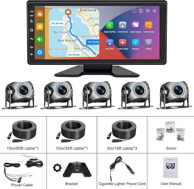 5 Channel Backup Camera System,Carplay & Android Auto,GPS Navigation, Touchable 11 inch Monitor with Loop Recording DVR car Stereo,1080P Rearview Camera for RV/Truck/Trailer Pickup,128GB Card-PurrikoPets