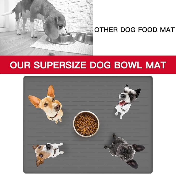 32" x 24" Large Pet Food Mat, Silicone Dog Mats for Food and Water, Nonslip Pet Feeding Mats for Floors,Dog Cat Bowl Mat with Raised Edges, Gray White-PurrikoPets
