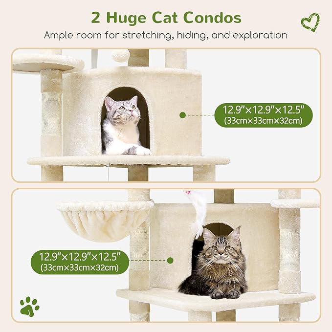 Globlazer Corner Cat Tree for Large Cats, 66inch Tall Curved Series Large Cat Tower for Multiple Indoor Cats with 6 Scratching Posts, 2 Spacious Cat Condos, Hammock, Hanging Basket, C66, Beige-PurrikoPets