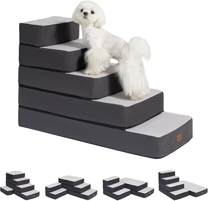 5-Step Adjustable Dog Stairs for High Beds, Dog Steps for Small Dogs and Cats, Foldable Pet Stairs for Bed Climbing, Non-Slip Pet Step Indoor, Grey-PurrikoPets