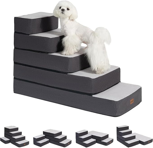 5-Step Adjustable Dog Stairs for High Beds, Dog Steps for Small Dogs and Cats, Foldable Pet Stairs for Bed Climbing, Non-Slip Pet Step Indoor, Grey-PurrikoPets