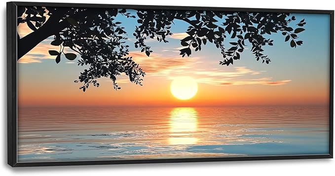 Framed Large Lake Sunset Wall Art, Oversized Natural Landscape Wall Decor for Living Room, Tree Leaves Canvas Painting Pictures Home Decoration for Living Room Bedroom Office 60"x30"-PurrikoPets