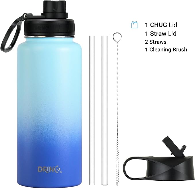 DRINCO Stainless Steel Water Bottle Spout Lid Vacuum Insulated Double Wall Water Bottle Wide Mouth (40oz 32oz 22oz 18oz 14oz) Leak Proof Keeps Cold or Hot (32 oz, 32oz Morning Sky Blue)-PurrikoPets
