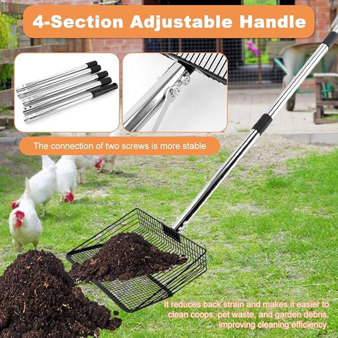 10inch Chicken Poop Scooper, Chicken Coop Scoop for Poop, 4 Sections Extended with 22 to 77inch Stainless Steel Adjustable Handle, Litter Scooper Sifting Shovel-PurrikoPets