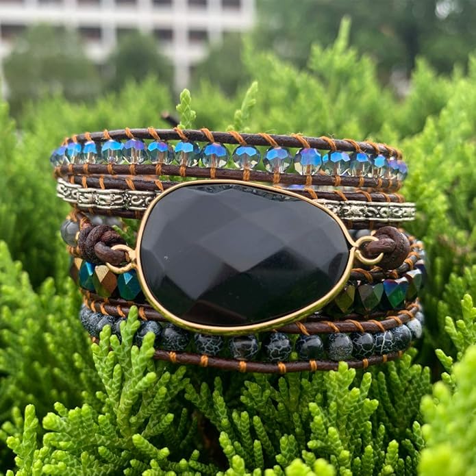 YGLINE Boho Handmade Wrap Leather Tube Crystal Stone Bracelet for Women