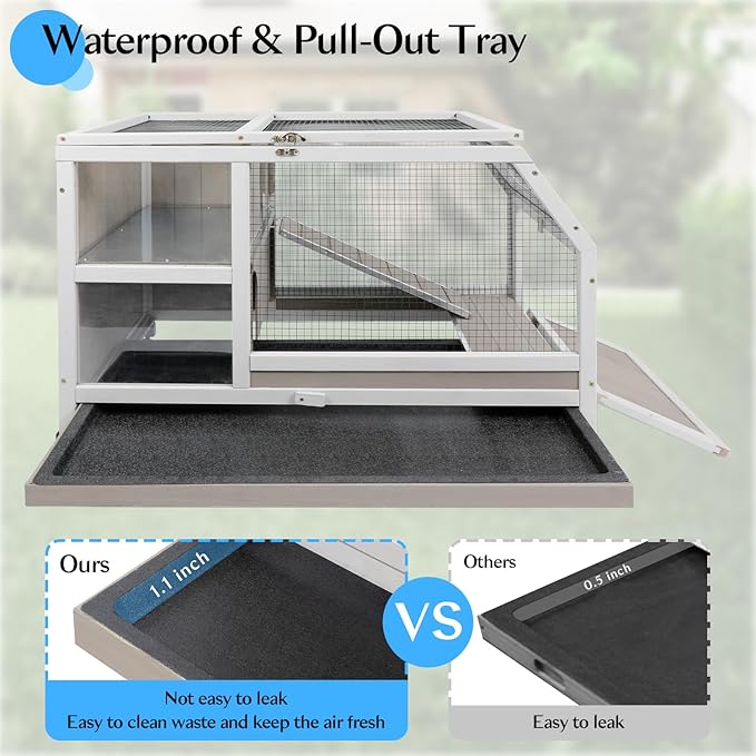 36''L Rabbit Hutch Outdoor with Casters and Run, Wooden Indoor 2 Story Guinea Pig Cage with Divider Panel, Pull Out Tray, Rabbit Duck Bunny House for Small to Medium Animals and Pet Lover, Gray-PurrikoPets