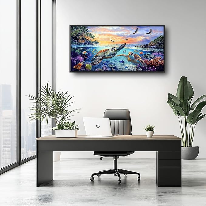 Framed Large Sea Turtle Wall Art for Living Room, Oversized Ocean Turtle Wall Decor Seascape Underwater Marine Life Canvas Painting Home Decoration for Living Room Bedroom Office 60"x30"-PurrikoPets