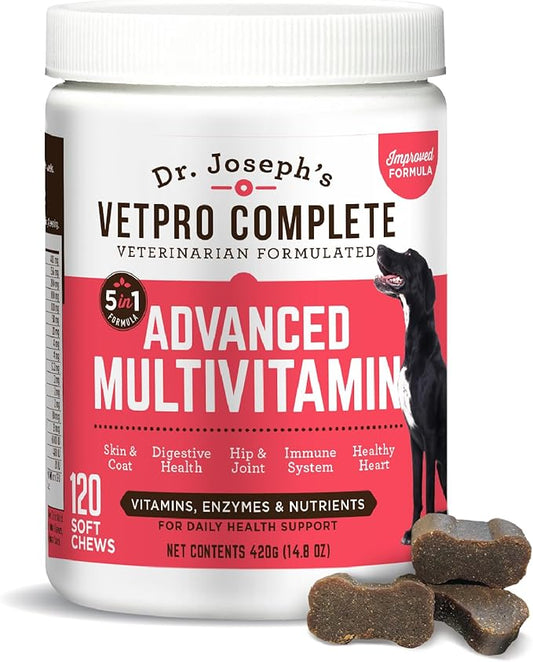 Dr. Joseph's VetPro Complete Multivitamin Dog Supplement, 120 Count (Large Dog 60 Day Supply), 5in1 Chew with Vitamins, Enzymes & Nutrients, Hip & Joint Health, Immune System & Allergy Support-PurrikoPets