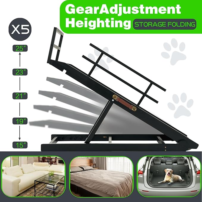 Dog Ramp for Bed, Dog Stairs for Small and Large Dogs, Portable Dog Steps for Bed, Couch, Car, Adjustable Folding Pet Ramp, Upgrade Rubber Pet Steps, Supports up to 210 lbs (Medium-Brown)-PurrikoPets
