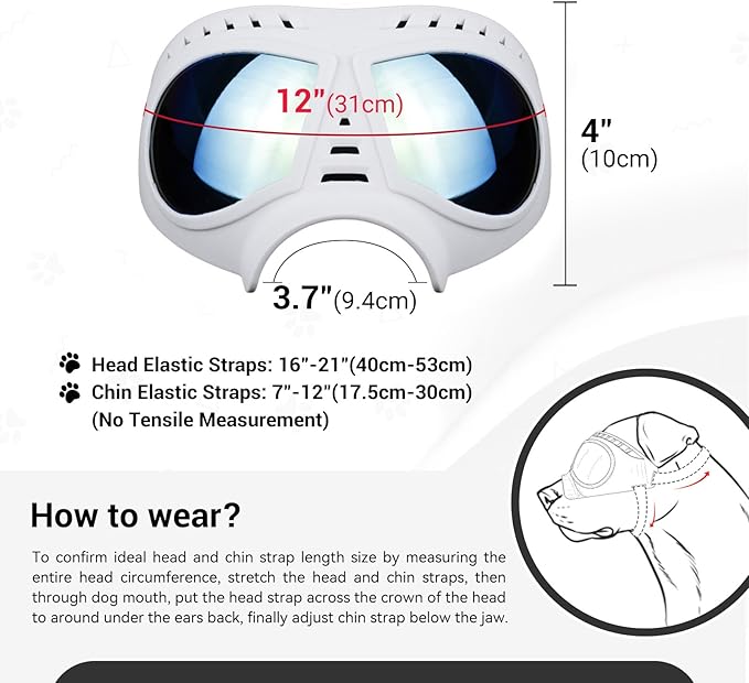 Dog Goggles for Medium-Large Breeds Windproof Anti-UV Pet Sunglasses with Adjustable Straps for Large Dog - White-PurrikoPets