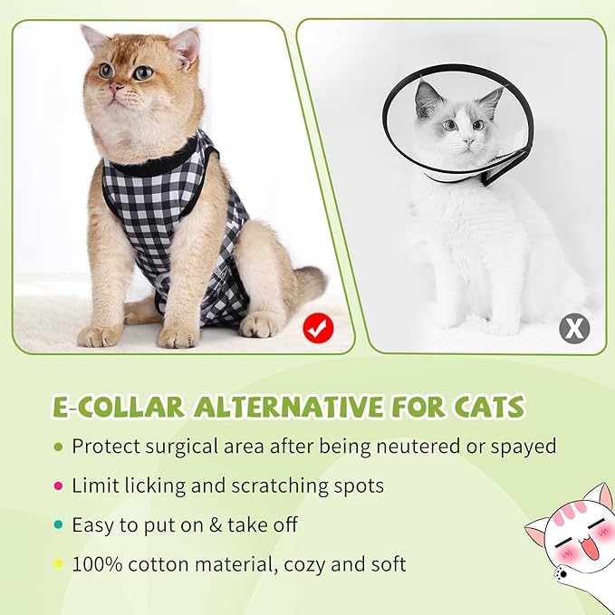 2 Packs Cat Surgery Recovery Suit Surgical Clothes Abdominal Wounds Anti-Licking Cat Bodysuit Onesie Substitute E-Collar& Cone-PurrikoPets