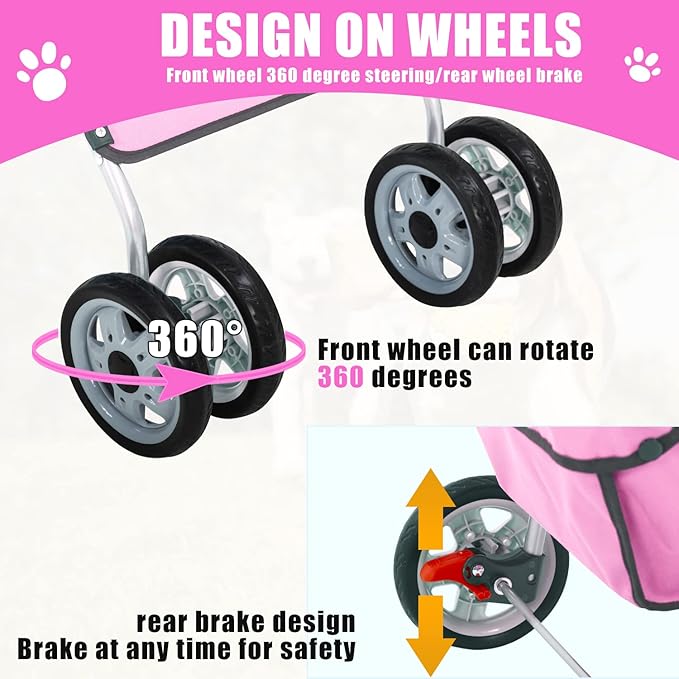 Dog Stroller, Folding 4 Wheels Pet Stroller for Small Medium Dog Cat Travel Carrier with Weather Cover Storage Basket Cup Holders Pink-PurrikoPets