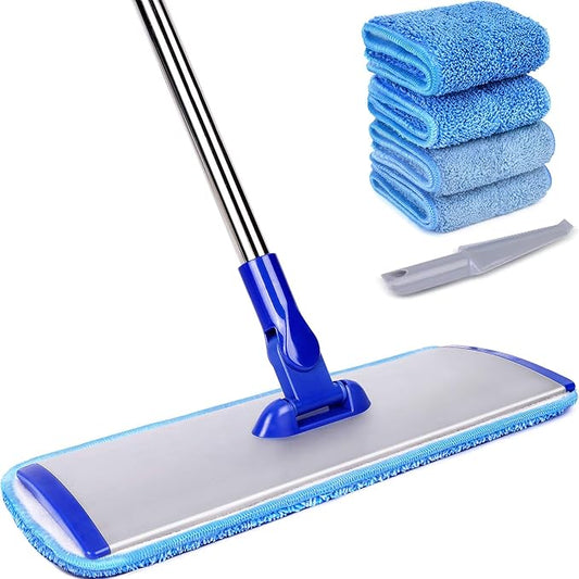 18" Professional Microfiber Mop Floor Cleaning System, Flat Mop with Stainless Steel Handle, 4 Reusable Washable Mop Pads, Wet and Dust Mopping for Hardwood, Vinyl, Laminate, Tile Cleaning-PurrikoPets