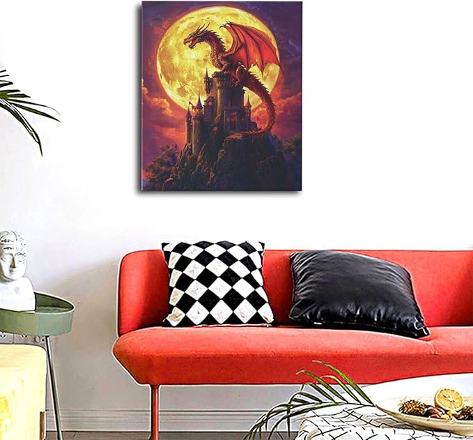 Dragon Bathroom Pictures Wall Art, Red Dragon Castle Bathroom Wall Decor, Framed Painting Canvas Artwork for Bedroom Living Room Decorations 24"L x 20"W-PurrikoPets