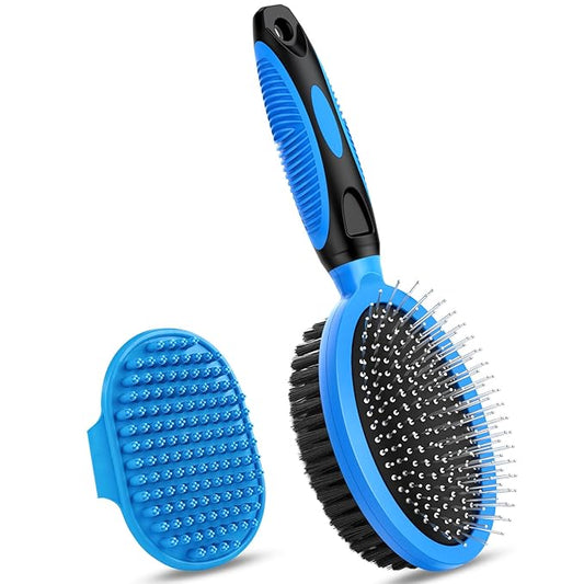 2PCS Pet Grooming Tools - Double-Sided Brush for Shedding and Bathing, Suitable for Short/Long Haired Dogs Cats and Horses, Deshedding Dog Brush, Mane & Tail Combs for Horses - Pet Supplies (Blue)-PurrikoPets