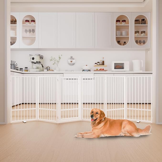 Full Metal Freestanding Dog Gate with Door, 36''Height Foldable Pet Dog Fence for Indoor & Outdoor, 6 Panels Extra Wide Free Standing TallDog Gates for Doorways,House,Stairs,Porch,Deck,Yard-PurrikoPets