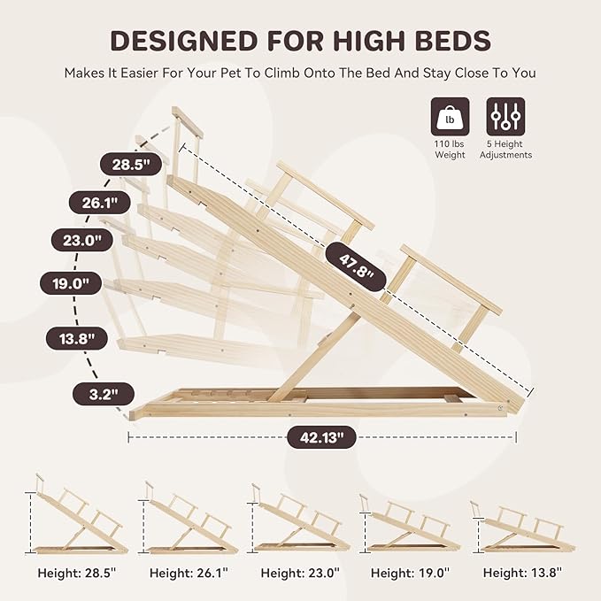 Dog Ramp for Bed PANTAZO Adjustable Ramps for Small Dogs to Get on Bed, Up to 28.5 Inches, 48'' Long,120lbs with Anti-Slip Grip & Safety Rail-PurrikoPets