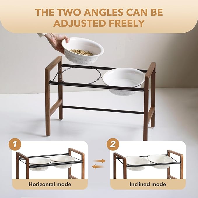 8.7inch Ceramic Adjustable Raised Double Bowls Set with Stand, 3 Heights Elevated, 2 Placement Options, Food and Water Dishes for Large Dog(Double Bowls+Stand, Reactived Glaze -White)-PurrikoPets