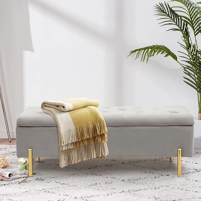 45.6 Inch Velvet Storage Bench, Tufted Upholstered Ottoman with Storage, Bedroom Living Room Entryway Rectangular Accent Bench, Grey-PurrikoPets