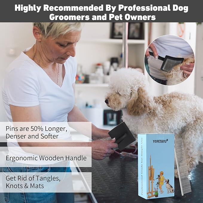 Dog Slicker Brush for Shedding and Grooming Medium or Long Haired Cats, Extra Long & Soft Pin Slicker Brush for Removes Loose Hair, Tangles, Knots, Undercoat, Free Pet Comb, Large Black-PurrikoPets