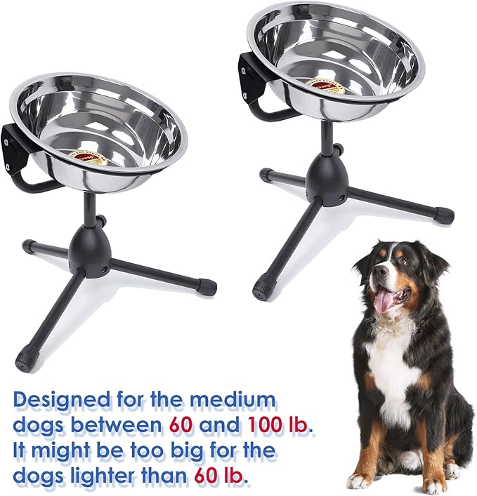 2 Pack Elevated Dog Bowls with Adjustable Metal Stand,Large Size for Dogs Between 60 and 100 lbs, 0.8 Gal 3 Liter,Stainless Steel Dog Food Water Bowl,Height Adjustable Non-Slip Raised Dog Bowl Set-PurrikoPets