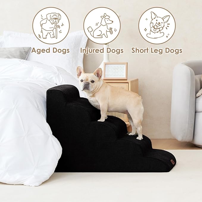 EHEYCIGA Curved Dog Stairs Ramp for High Beds 22.6" H, 5-Step Dog Steps for Small Dogs and Cats, Pet Stairs for High Bed Climbing, Non-Slip Balanced Pet Step Indoor, Black-PurrikoPets