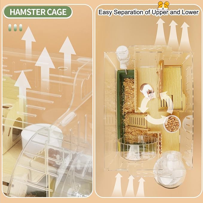 8 in 1 Clear Acrylic Hamster Cage with All Accessories,13.5''L* 10''W* 13''H Dwarf Hamster Cage,Small Hamster Habitat,Garden Style Mouse Cage for Pet Mice,Hamster Enclosure with Stairs(1-Layer)-PurrikoPets