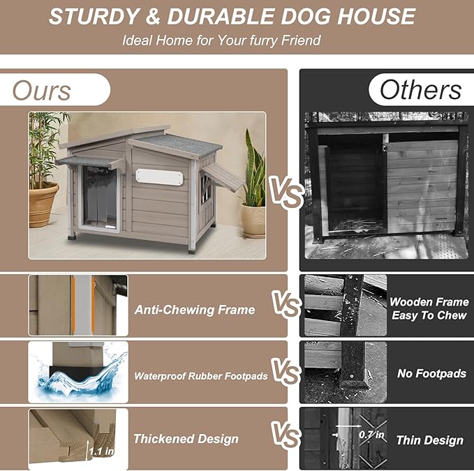 43" L Outdoor Extra Large Dog House with Removable Floor, Raised Feet, Anti-Chewing Iron Frame – Wooden Kennel with Asphalt Roof, Window for Indoor/Outdoor Use, Ideal for Medium to Large Dogs-PurrikoPets