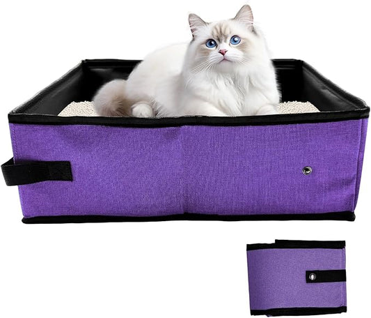 Foldable Travel Litter Box for Cats, Waterproof Portable Cat Travel Litter Box Collapsible, 15.75 * 11.82 * 3.94 Inches, Traveling & Camping Cat Supplies - Purple-PurrikoPets