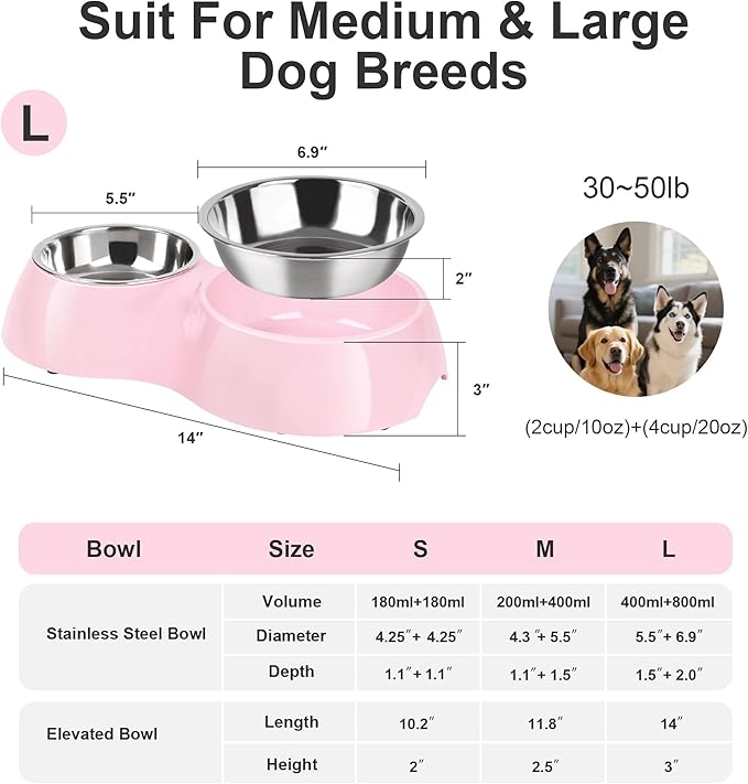 Elevated Dog Bowls Set - Non-Slip Raised Pet Feeder with Medium (10 oz) & Large (20 oz) Stainless Steel Bowls - Includes Durable Resin Stand for Puppies, Adult Dogs & Cats - Pink-PurrikoPets