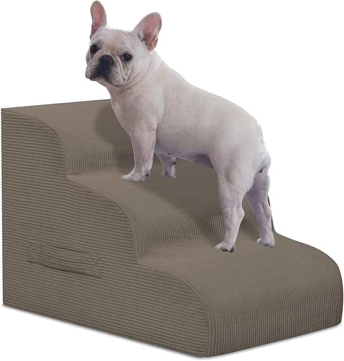 Dog Steps for Small Dogs, 3-Step Pet Ramp Stairs for High Beds and Sofa, Non-Slip Pet Stairs for Small Dogs and Cats, Removable and Easy to Clean Cover, Light Brown-PurrikoPets