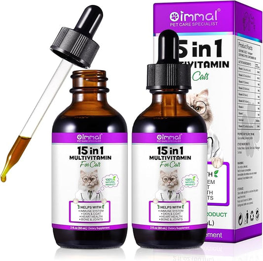 2PCS Liquid Multivitamin for Cat, 15 in 1 Cats Multivitamin Liquid Drops Supplements for Skin & Coat, Heart Health, Bones and Joint, Cat Vitamins with Glucosamine and MSM, Immune System Support-PurrikoPets