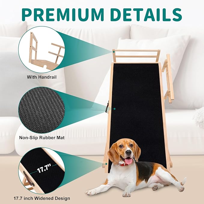 Dog Ramp for Bed, Adjustable Pet Ramps for Dog to Get on Bed, Non-Slip Rubber Surface - Folding Wooden Dog Ramp for Small/Large/Old Dogs, Adjustable up to 23.5 inch High Beds, Safety Railings-PurrikoPets