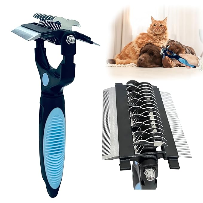 3-in-1 Pet Grooming Brush for Dogs & Cats – Double Sided Deshedding Tool with Stainless Steel Teeth, Detangler Comb & Undercoat Rake | Ergonomic Handle for Matted Fur Removal, Safe for Long/Short Hair-PurrikoPets