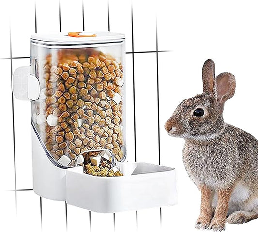 34oz Automatic Rabbit Feeder for Cages, Hanging Auto Bunny Food Bowl Dispenser Small Aniaml Cage Accessories for Ferret Guinea Pig Rat Rabbit Cat Puppy (White)-PurrikoPets