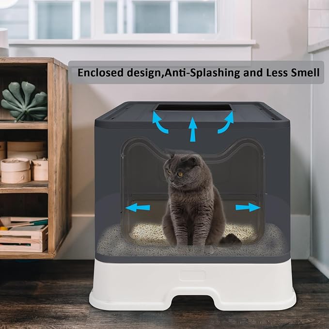 Foldable Cat Litter Box with Lid, Enclosed Potty, Large Top Entry Anti-Splashing Toilet, Easy to Clean Including Litter Scoop and 2-in-1 Cleaning Brush (Black)-PurrikoPets