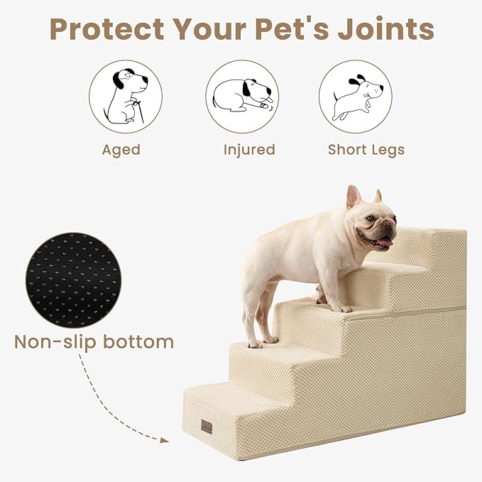 Dog Stairs for High Bed 22.6" H,5-Step Dog Steps for Small Dogs and Cats,Indoor Non-Slip Balanced Pet Stairs are Suitable for Puppy,Older Cat,Beige-PurrikoPets
