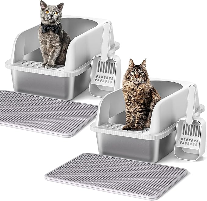 2 Pack Stainless Steel Cat Litter Box with Lid, 20" L x 14.2" W x 11.8" H, Extra Large Litter Box for Big Cats with High Sided, Anti-Urine Leakage, Easy Cleaning, Include Cat Mat and Scoop-PurrikoPets