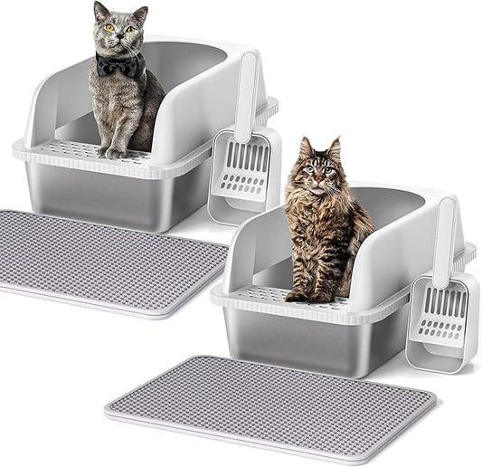 2 Pack Stainless Steel Cat Litter Box with Lid, 20" L x 14.2" W x 11.8" H, Extra Large Litter Box for Big Cats with High Sided, Anti-Urine Leakage, Easy Cleaning, Include Cat Mat and Scoop-PurrikoPets