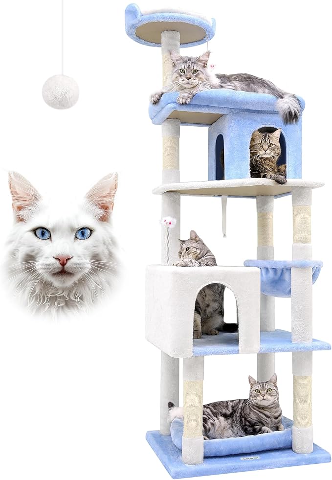 Globlazer Heavy Duty Cat Trees for Large Cats, Sturdy 72in Maine Coon Cat Tree for Large Cats 20 lbs+ Heavy Duty Cat Tower for Adult Biggest Cat with 6 Scratching Posts, Hammock, S72, Ocean Blue-PurrikoPets