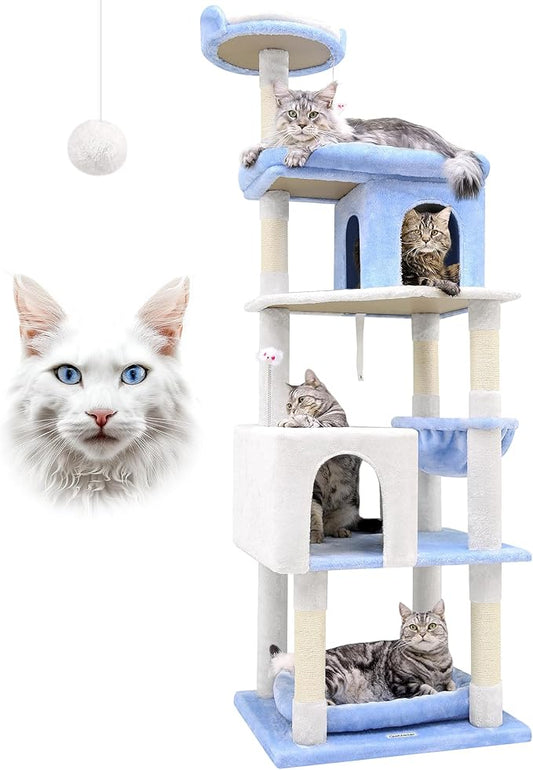 Globlazer Heavy Duty Cat Trees for Large Cats, Sturdy 72in Maine Coon Cat Tree for Large Cats 20 lbs+ Heavy Duty Cat Tower for Adult Biggest Cat with 6 Scratching Posts, Hammock, S72, Ocean Blue-PurrikoPets