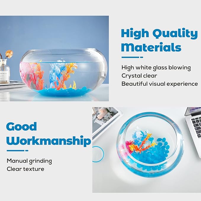 2 Gallon Glass Fish Bowl with Decor, Include Fluorescent Stones & Colorful Plastic Trees, High White Glass for Clear View, Small Fish Bowl/Vase/Aquarium for Betta Fish/Goldfish, Nice Home Décor-PurrikoPets