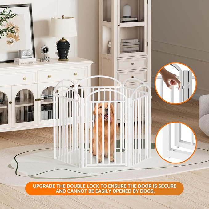 6 Panles Full Matel Freestanding Dog Gates with Door, 144"Extra Wide 36"Tall Free Standing Dog Pet Gate for Indoor & Outdoor. Foldable Pet Fences for Doorways, House, Stairs, Porch, Deck, Yard-PurrikoPets