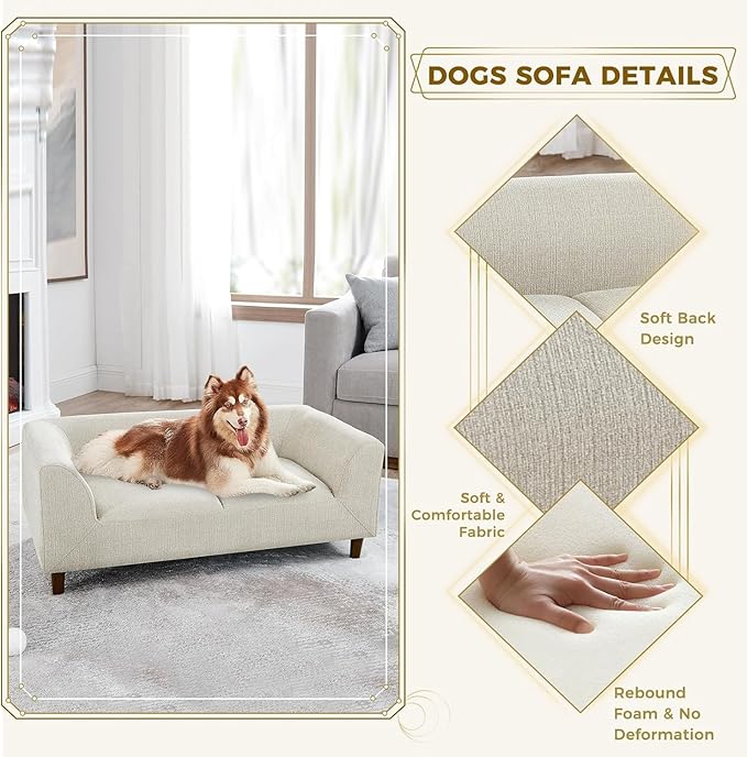 Dog Sofa Couch for Medium to Large Dogs, Memory Foam Dog Sofa Bed, Modern Elevated Pet Couch Bed with Wooden Legs for Medium and Large Dogs, Dark Beige-PurrikoPets