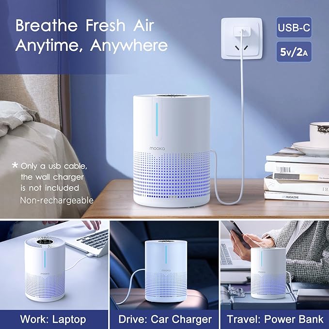 Air Purifiers for Bedroom Home 430 Sq.Ft, MOOKA H13 HEPA Filter Small Portable Air Purifier with USB Cable Fragrance Sponge for Smokers Pollen Pets Dust Odors, Desktop Air Cleaner for Car RV, M01-PurrikoPets