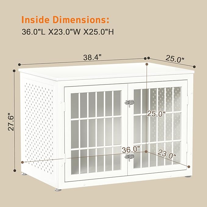 38" Heavy Duty Dog Crate Furniture for Large and Medium Dogs,Wooden Metal Kennel for High Anxiety Dogs, Chew Proof Pet Cage Indoor, Decorative Dog Kennel End Table, White-PurrikoPets