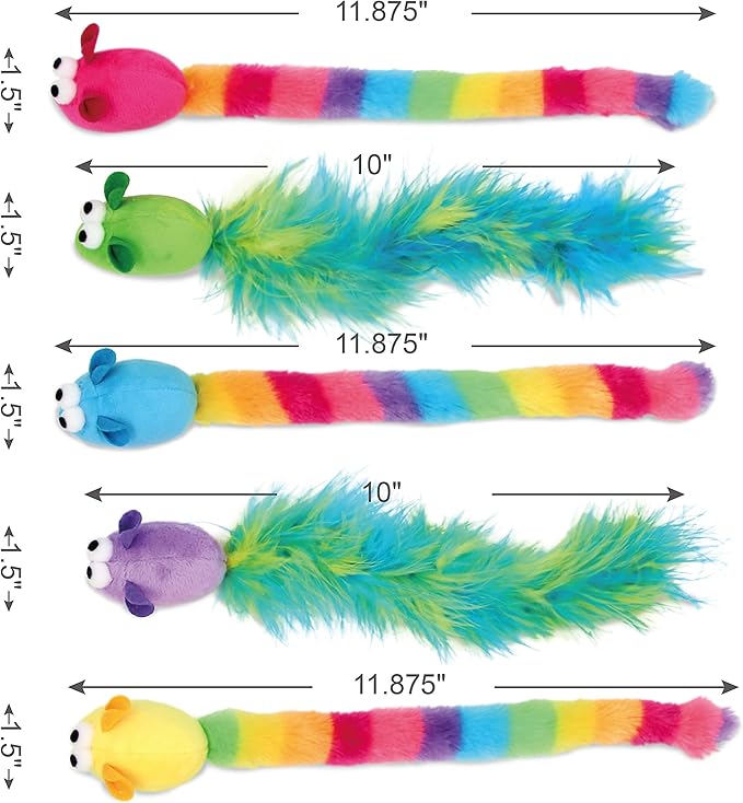 5 Pack Interactive Catnip and Feather Cat Toys, Multi-Colored Mice with Long Feather Tail, Accessories for Indoor Cat, Catnip Plush Toys with Natural Feathers and Rattles-PurrikoPets