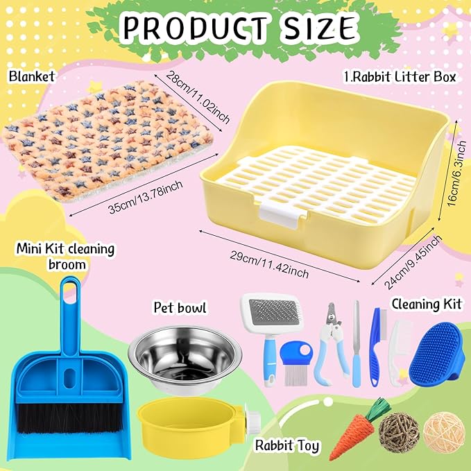 15 Pcs Rabbit Starter Kit Small Rabbit Litter Box Animal Grooming Kit Bunny Toys Bowl Blankets with Cleaning Set for Guinea Pig Accessories(Blue)-PurrikoPets