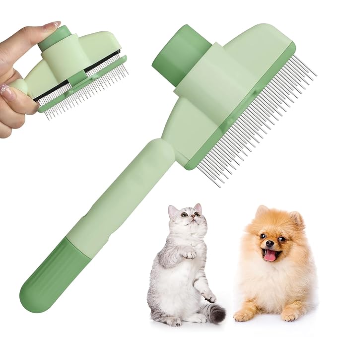 Flea Comb for Cat Hair Removal Comb, 2025 New Self-Cleaning Flea Brush for Cats and Dog, Comfort Cat Hair Removal Tool with Long & Short Stainless Steel Metal Grooming Brush(Green)-PurrikoPets